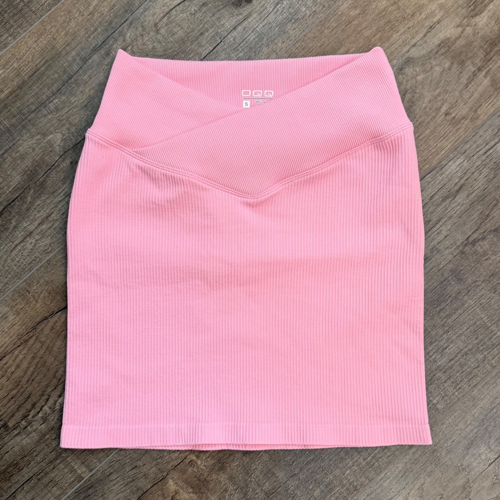 NEW OQQ Pink Ribbed Mini Skirt V-Waist Crossover Athletic Bodycon Womens S 0583